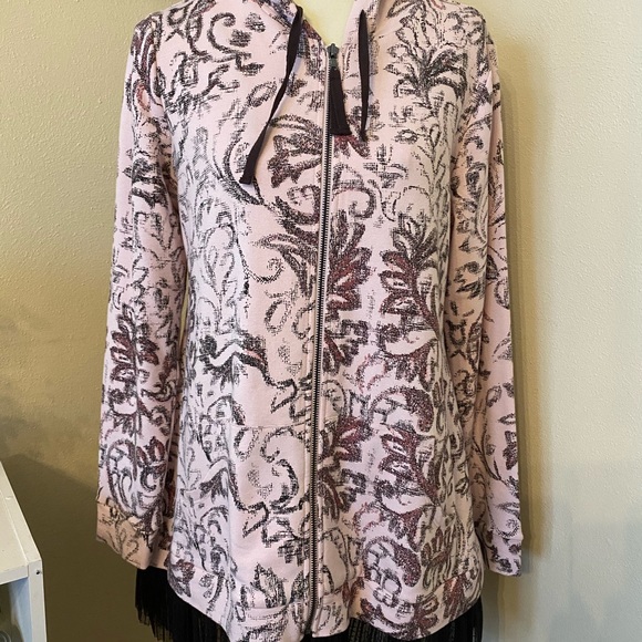 LOGO Lounge by Lori Goldstein Zip front hoodie with chiffon trim, size Medium. - Picture 2 of 11